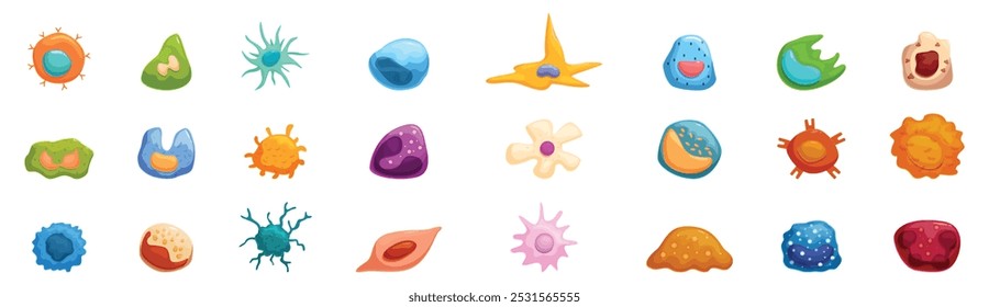 Immune system cells icons set. Cartoon style illustration showing a set of various cells with different shapes and colors representing human biology