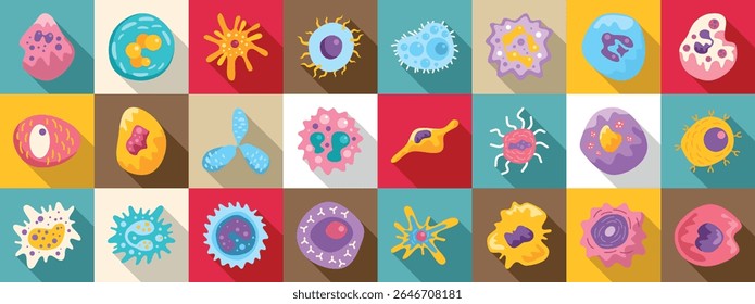 Immune system cells icons set. Colorful icons representing various immune cells working to defend the body
