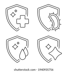 Immune system concept. Disinfection, protection or cleaning symbol. Badges for material with antimicrobial and antiviral protection. Editable stroke. Antibacterial resistance icons. Vector outline