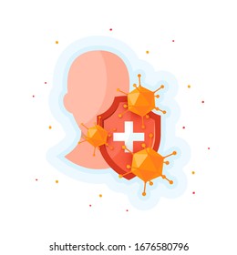 Konzept des Immunsystems. Menschlicher Kopf hinter dem Schild. Schutz vor Krankheiten Design für Poster, Banner, Webwerbung, Broschüren usw. Vektorillustration auf weißem Hintergrund im Cartoon-Stil.