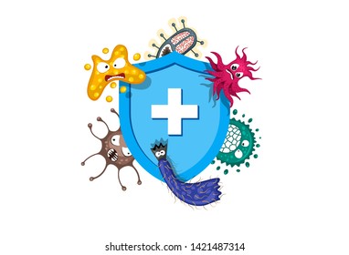 Immune system concept. Hygienic medical blue shield protecting from virus germs and bacteria. Flat vector illustration on white background