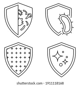 Immune system concept. Hygienic medical black shield protecting from coronavirus. Badges for material with antimicrobial and antiviral protection. Antibacterial resistance icons. Vector outline