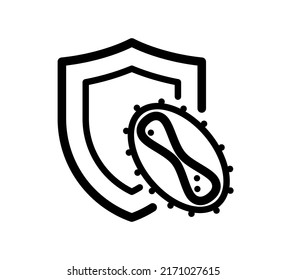 Immune system concept. Hygienic medical black shield protecting from monkeypox virus linear icon. Human monkey pox bacteria cell infection immunity sign. MPV MPVX defense symbol. Vector eps