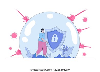 Immune system concept illustration with shield. Medical shield surrounded by viruses and bacterium with healthy woman reflect bacteria attack. Boost Immunity with medicine. Modern flat style vector.