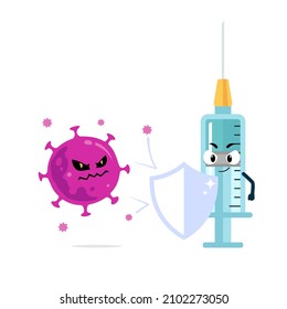 Immune system concept illustration. Vaccine syringe character holding medical shield against dangerous virus and bacteria.
