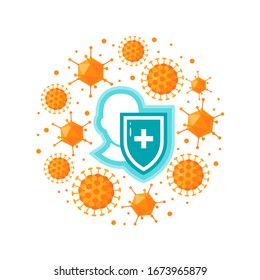 Immune system concept. Immunology round design with a medical shield and bacteria or viruses. Vector illustration isolated on a white background in flat style.