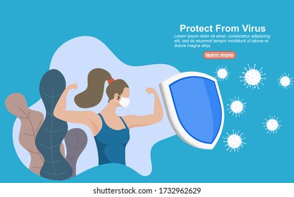 Immune system concept with medical shield. Bacterial and virus defense. 
