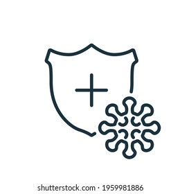 Immune System concept with Medical Shield. Coronavirus Covid-19 Bacteria line Icon. Shield protect from corona virus. Stop Coronavirus by Shield line icon. Editable stroke. Vector illustration.