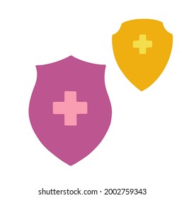 Immune system concept. Medical shields surrounded by viruses and bacterium. Flat cartoon vector illustration, hand drawn style.