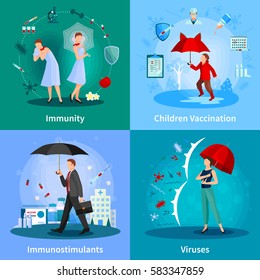 Immune system concept with people under umbrellas madication and vaccination viruses and bacteria isolated vector illustration