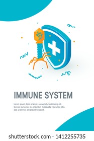 Immune system concept. Shield and virus in front of it. Vertical isometric illustration on white background. Vertical template for web banners, posters, advertising etc.