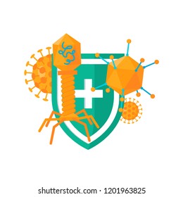 Immune system concept. Shield and viruses in front of it