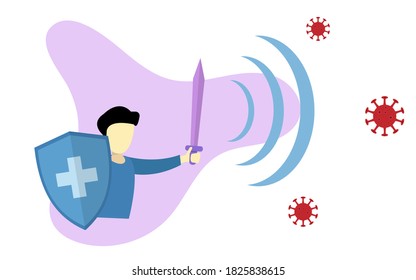 Immune system concept sign symbol illustration, immune shield attack by corona virusses. Man hold sword and shield illustration concept for immunity body system againts virus.  