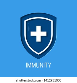 Immune system concept. Simple icon of a blue medical shield in paper cut style, vector