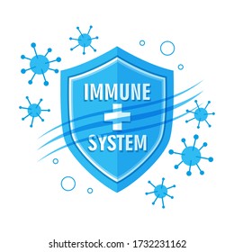 Immune system flat icon. Medical shield counteracts bacterial attack of human immunity. Concept antivirus protection, preventive vaccination, increasing body resistance to virus. Isolated  vector sign