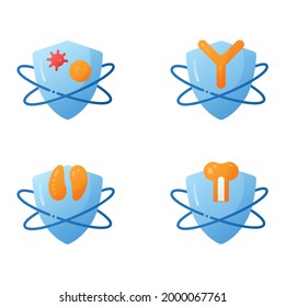 Set für Flachsymbole des Immunsystems. Immunologie-Konzept. Weiße Blutzellen, Antikörper, Thymus, Knochenmark. Gesundheit, Immunität, Krankheitsprävention. 3D-Vektorgrafiken