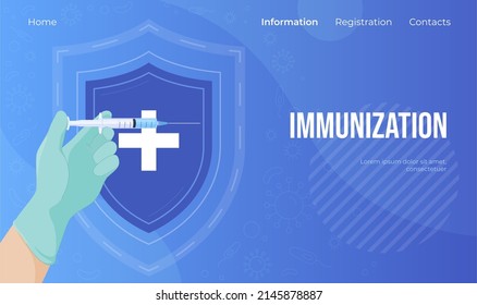 Immune system health poster with place for text vector flat illustration. Medical doctor hand in rubber glove holding syringe with protective shield cross landing page. Healthcare immunity protection