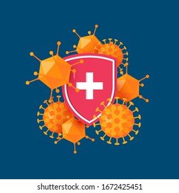 Immune system icon. Antibacterial concept with a medical shield and bacteria or virus. Vector illustration in cartoon style.