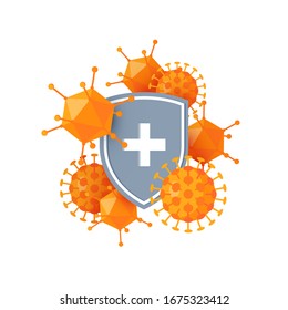 Immune system icon. Antibacterial concept with a medical shield and bacteria or virus. Vector illustration isolated on a white background.