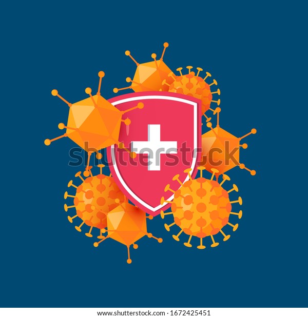 Immune system icon. Antibacterial concept with a\
medical shield and bacteria or virus. Vector illustration in\
cartoon style.
