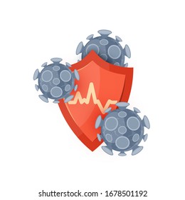 Immune system icon. Concept with a red medical shield ans viruses or bacteria. Vector illustration isolated on a white background in flat style.