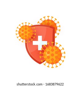 Symbol für das Immunsystem. Konzept mit einem roten medizinischen Schild und Viren. Vektorillustration einzeln auf weißem Hintergrund im Flachstil.