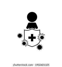 Immune system icon. Human is holding shield, bacteria can't attack him. Immune system, vaccination, antibiotics.