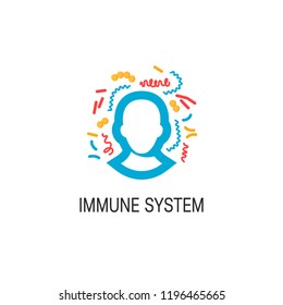 Immune system icon. Man surrounded by bacteria and viruses