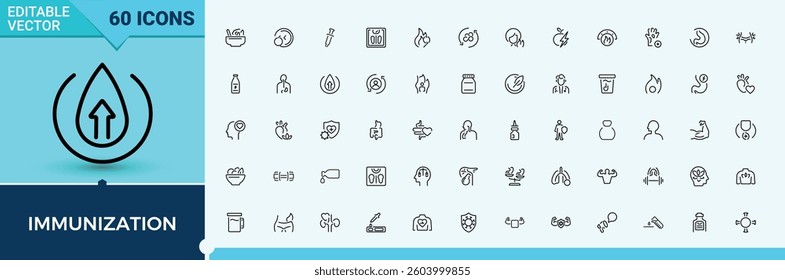 Immune system icon set. Contains such icons as defense, vaccination, medicine, care, prevention and more. Immunization icon set in linear style. Thin UI icons. Pixel perfect. Editable stroke.