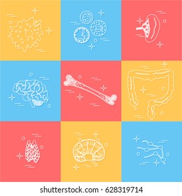 Immune system icon set. Stock vector illustration of human internal organs, body parts and cells in immune response.