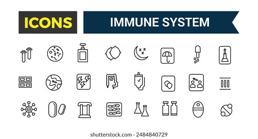 Immun-System-Symbole gesetzt. Paket mit Gliederungssymbolen. Editierbare Vektorgrafik-Zeilen-Symbolsatz und -Illustration für Web- und UI-Anwendung.