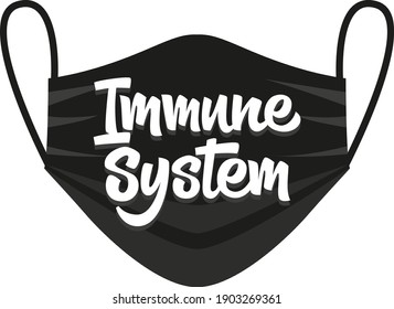 Immune system. Lettering on the silhouette of a medical mask. Modern brush calligraphy. It can be used for social media, t-shirt, textile, bag, print, sticker, poster, cover, flyer, video blog cover.