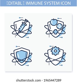 Immune System Line Icons Set. Immunology Concept. Immunization, Innate Immunity, Vitamins. Health, Immunity, Disease Prevention. Isolated Vector Illustrations. Editable Stroke