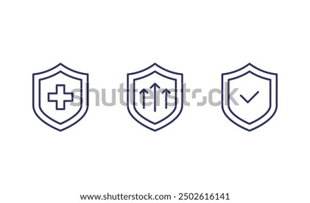 immune system line icons with shields, antibacterial protection and health