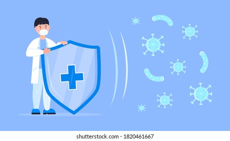 Immune system protection concept vector. The doctor holds a medical shield and protects from the attack of harmful microorganisms, bacteria, viruses. Stop coronavirus attack.