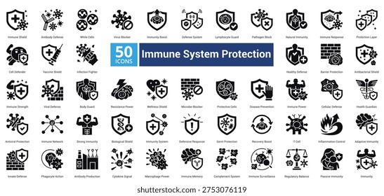 Immune System Protection icon set in glyph style contains 50 icons including barrier protection, antibacterial, immune strength, viral defense, body guard, resistance power and wellness shield icon