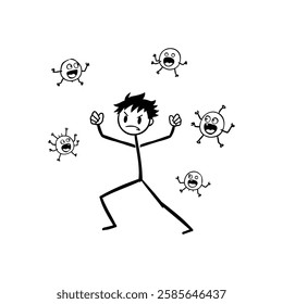 Immune System Response: Stick Figure Fighting Viral Infection - Vector Graphic