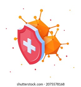 Immune system shield in isometric view. Antibiotic drug resistance concept. Bacteria or virus hiding behind a medical shield. Vector illustration isolated on a white background