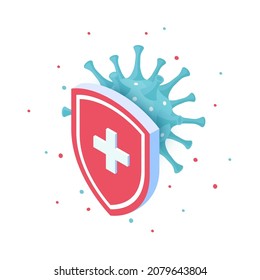 Immune system shield in isometric view. Antibiotic drug resistance concept. Bacteria or virus hiding behind a medical shield. Vector illustration isolated on a white background