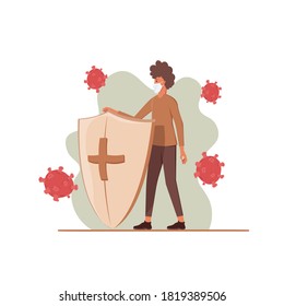 Immune system vector. Health bacteria virus protection. Medical prevention of human germ. Healthy men reflect bacteria attack with a shield. Boost Immunity with medicine concept illustration