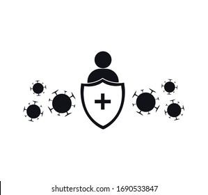 Immune System Vector Icon Logo. Health Bacteria Virus Protection. Medical Prevention Human Germ. Healthy Man Reflect Bacteria Attack With Shield. Boost Immunity With Medicine Concept Illustration