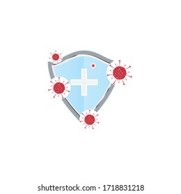 Immune system vector icon logo. Protection against bacteria health viruses. Medical prevention of human germs. Blue shield with a green cross and a virus on a white background. Vector illustration
