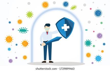 Immune System Vector Icon Logo. Health Bacteria Virus Protection. Medical Prevention Human Germ. Healthy Man Reflect Bacteria Attack With Shield. Boost Immunity With Medicine Concept Illustration