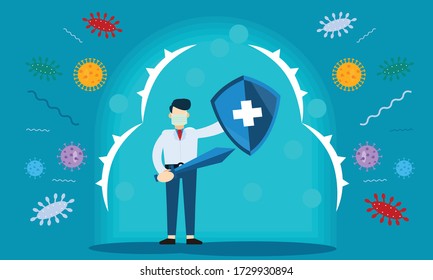Immune system vector icon logo. Health bacteria virus protection. Medical prevention human germ. Healthy man reflect bacteria attack with shield. Boost Immunity with medicine concept illustration
