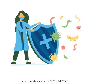 Immune system vector icon logo. Health bacteria virus protection. Medical prevention human germ. Healthy woman reflect bacteria attack with shield. Boost Immunity with medicine concept illustration