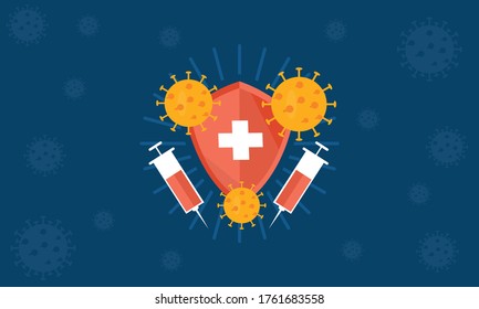Logo del icono del vector del sistema inmune. Protección del virus bacteriano sanitario. Prevención médica germen humano. Un hombre sano refleja un ataque bacteriano con escudo. Incrementar la inmunidad con la ilustración del concepto de medicina