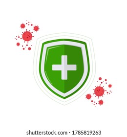 Immune System Vector Icon Logo. Health Bacteria Virus Protection. Medical Prevention Human Germ. Healthy Man Reflect Bacteria Attack With Shield. Boost Immunity With Medicine Concept Illustration
