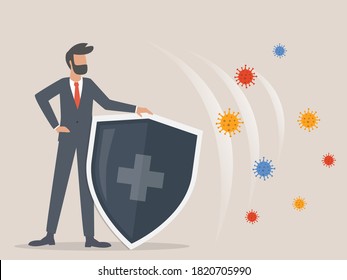 Immune system vector icon logo. Health bacteria virus protection. Medical prevention human germ. Healthy man reflect bacteria attack with shield. Boost Immunity with medicine concept illustration