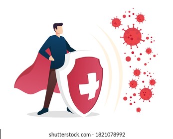 Immune system vector icon logo. Health bacteria virus protection. Medical prevention human germ. Healthy man reflect bacteria attack with shield. Boost Immunity with medicine concept illustration