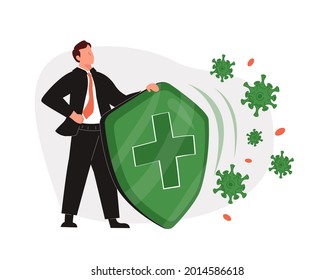 Logo del icono del vector del sistema inmunitario. Protección del virus bacteriano sanitario. Prevención médica germen humano. Un hombre sano refleja un ataque bacteriano con escudo. Incrementar la inmunidad con la ilustración del concepto de medicina